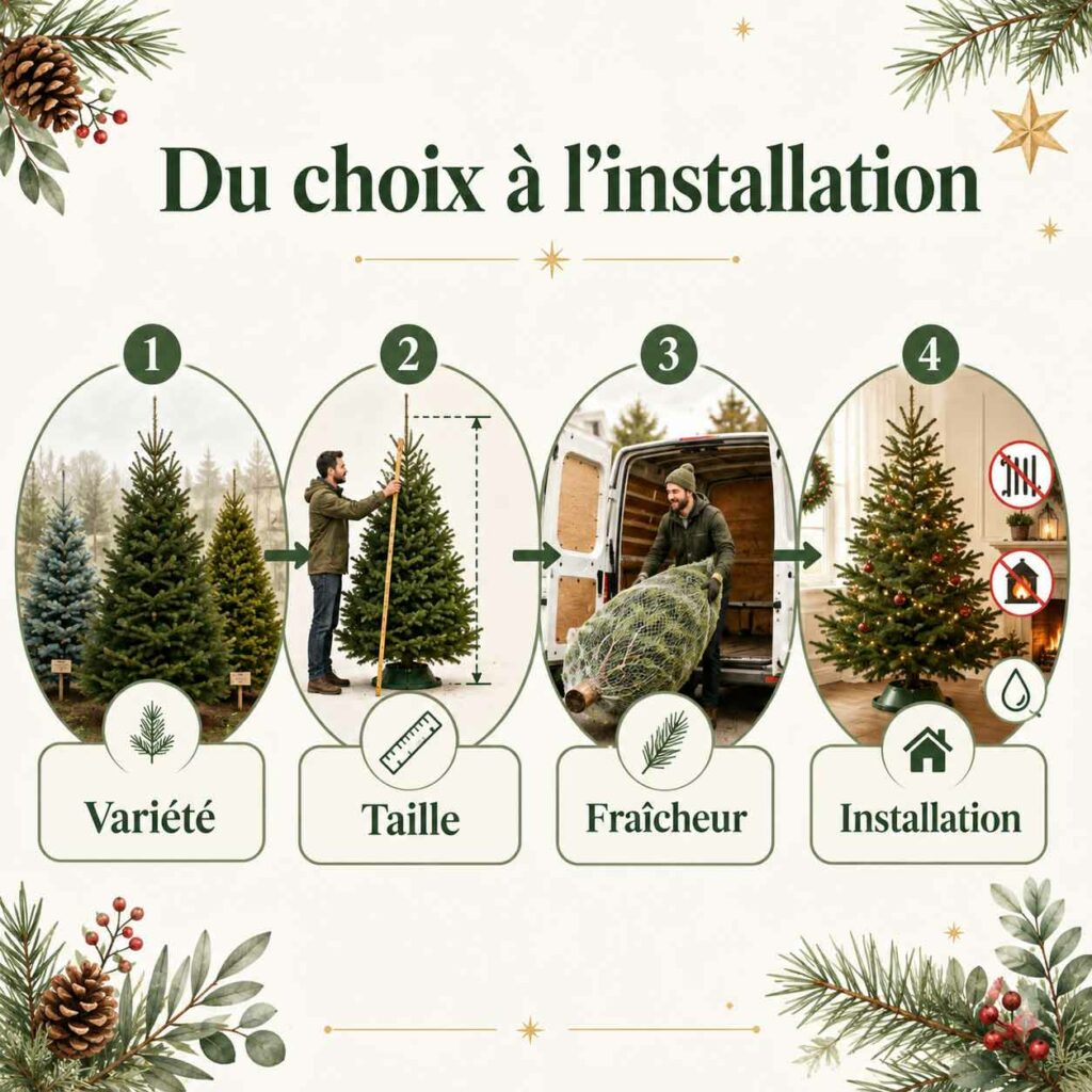 Infographie du choix à l’installation d’un sapin de Noël naturel