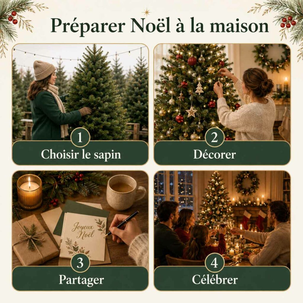 Infographie pour préparer Noël à la maison avec sapin, décoration, partage et célébration
