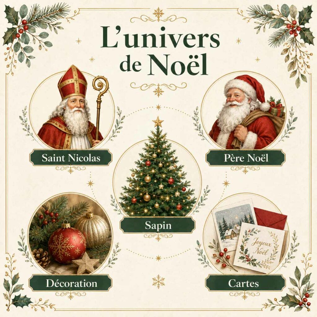 Infographie sur l’univers de Noël avec Saint Nicolas, Père Noël, sapin, décoration et cartes de Noël